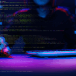 Hacker working with computer in dark room with digital interface around. Image with glitch effect.