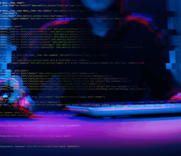 Hacker working with computer in dark room with digital interface around. Image with glitch effect.