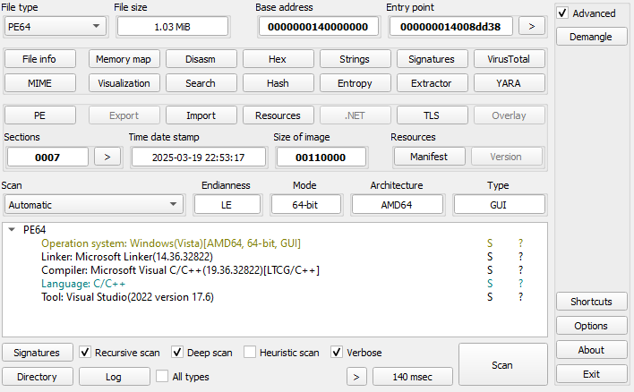 Screenshot of PE64 executable file analysis in CFF Explorer showing metadata including file size, architecture, compiler version, entry point, and Visual Studio 2022 build information.