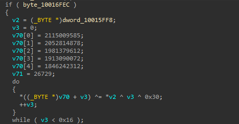 Inlined encrypted stack string and its polymorphic decryption loop.