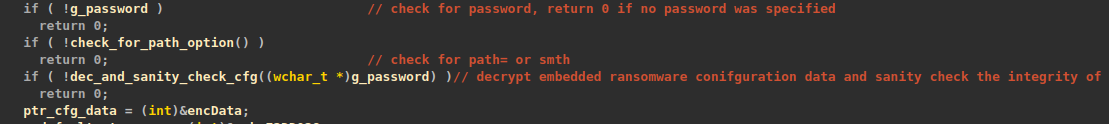 The ransomware check for the provided password before proceeding to internal configuration decryption.