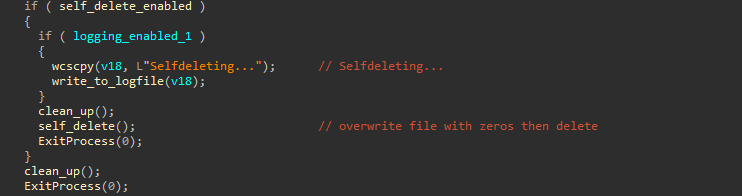 The ransomware checking for “self-delete” option to decide whether to self-delete after encryption or not.