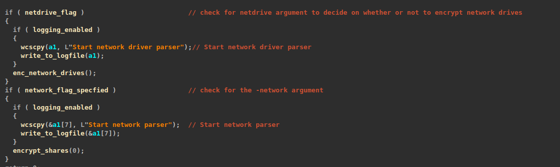 The ransomware checking for “-netdrive” and “-network” command-line arguments to decide whether to proceed to encrypting network drives or shared resources.