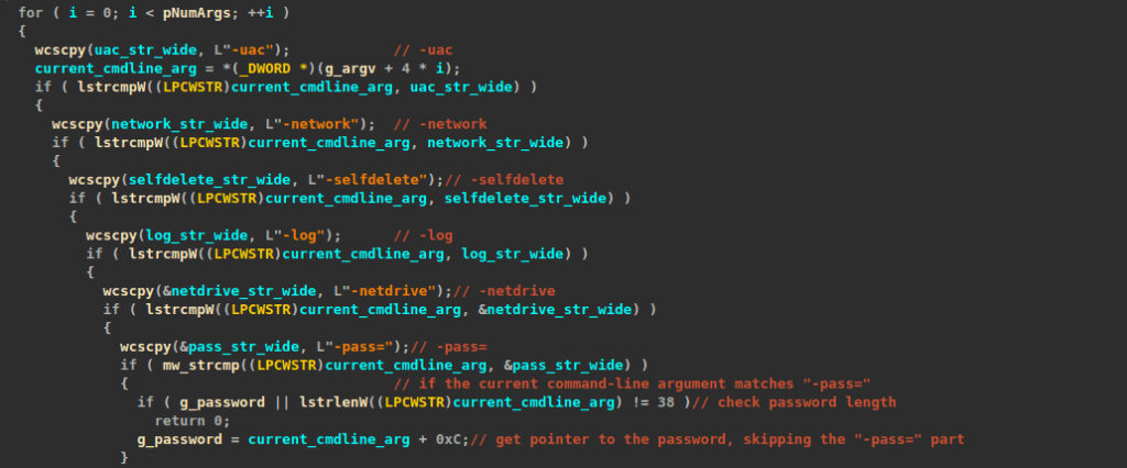 The ransomware check for user provided command-line arguments and setting global variable flags accordingly for later reference.