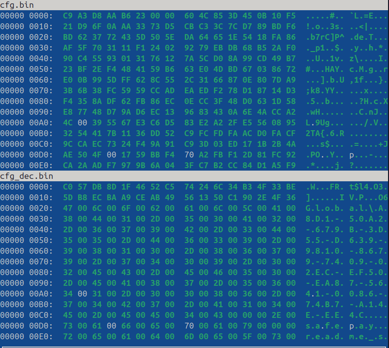 VBINDIFF comparing encrypted and decrypted internal configuration data.