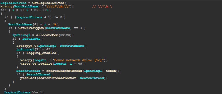 Creating and adding network-based search threads to enumerate possible network drives or shares.