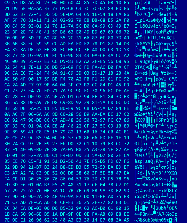 Hex view of the internal and encrypted ransomware configuration stored in .debug section.