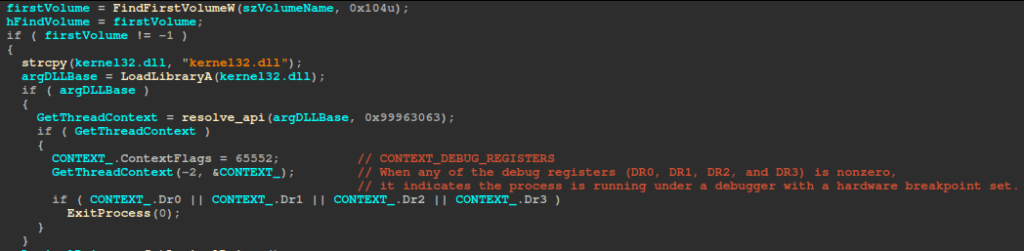 The ransomware checking debug registers for potential hardware breakpoints.